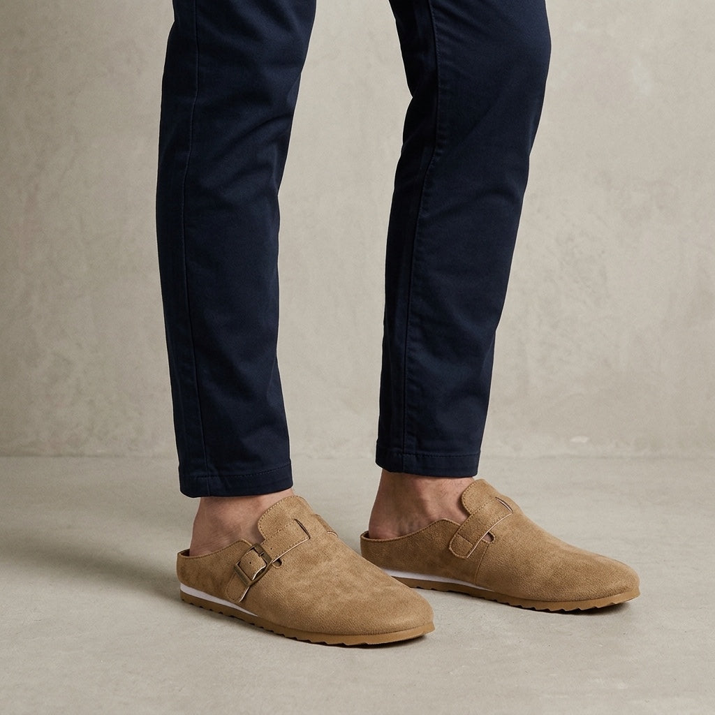 Tivoli Suede Mules — Camel, worn on model, studio