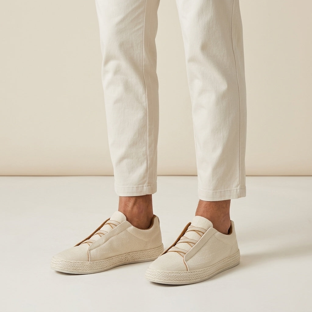 Bosa Espadrille Sneakers — Cream, worn in studio