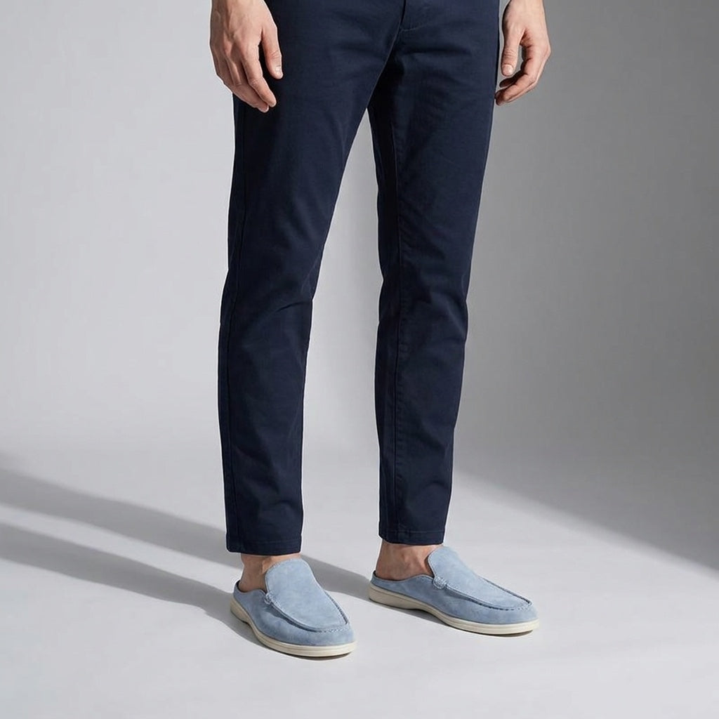 Falmouth Suede Loafers — Blue, male model knee-down studio