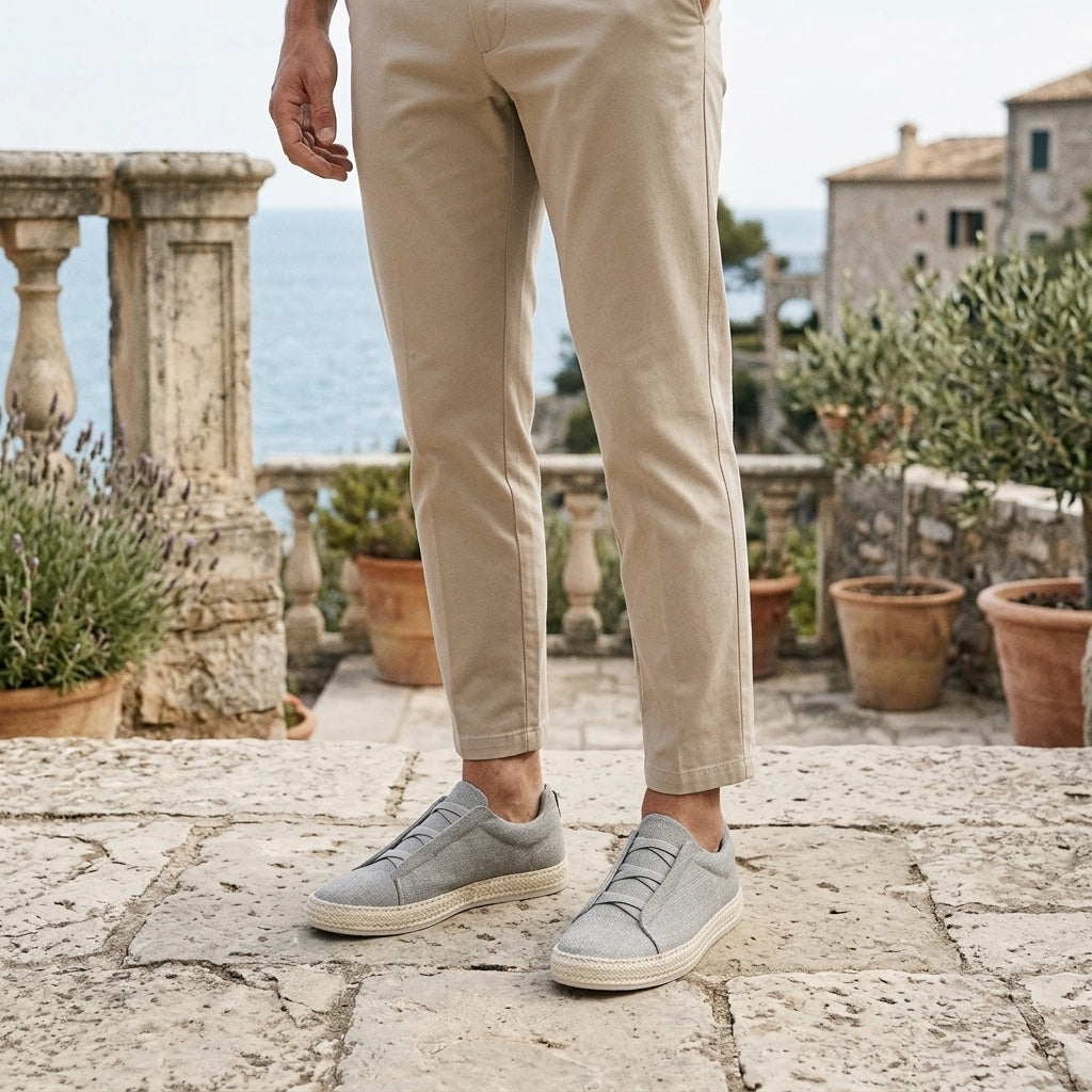 Bosa Espadrille Sneakers — Grey, worn on a coastal stone terrace