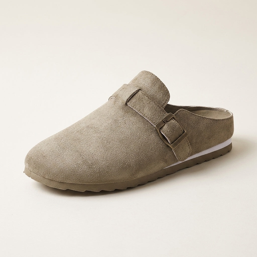 Tivoli Suede Mules — Sand, three-quarter studio view