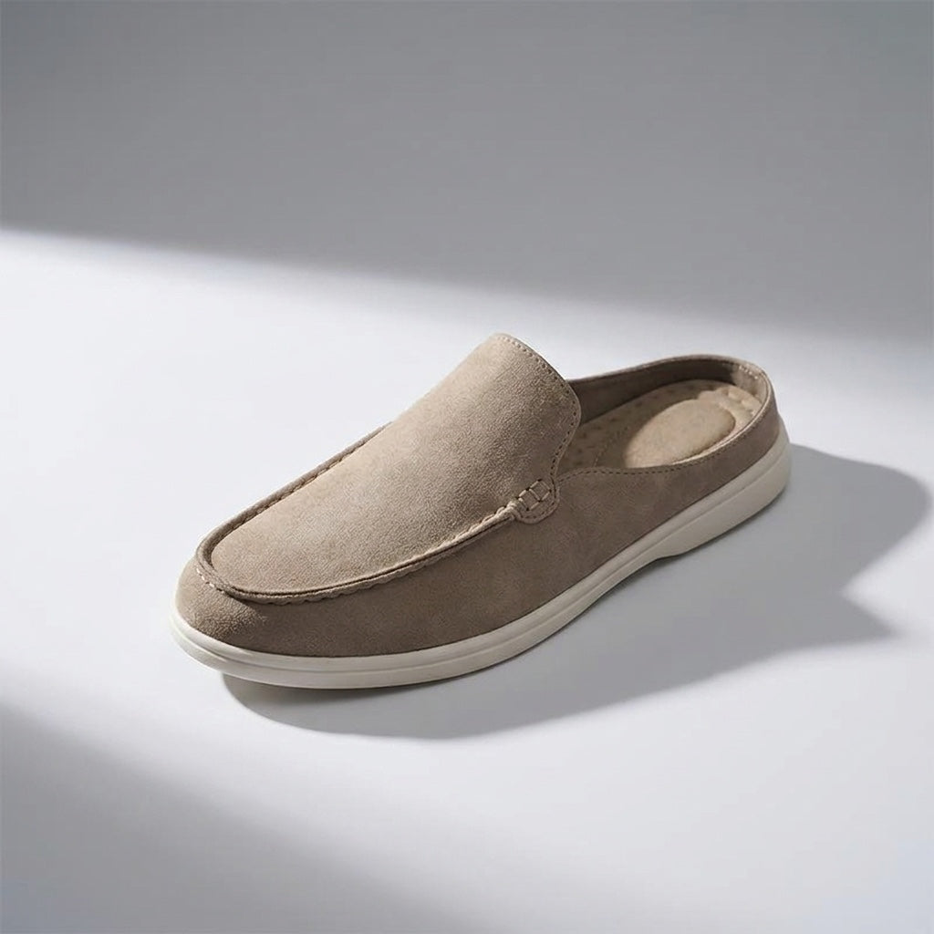 Falmouth Suede Loafers — Beige, three-quarter front-right studio view
