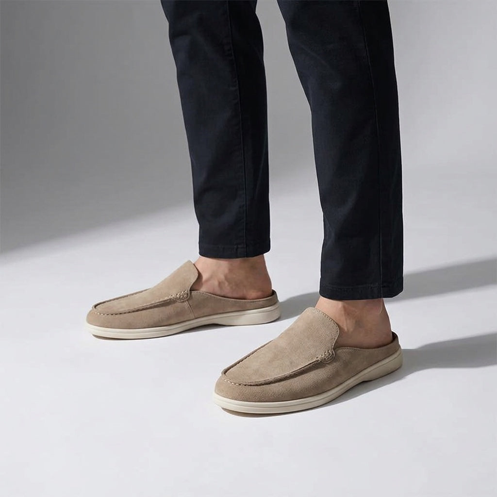 Falmouth Suede Loafers — Beige, male model knee-down studio