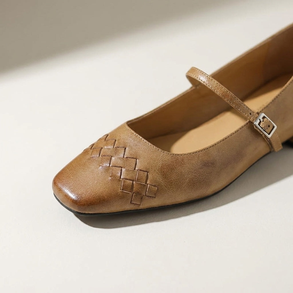 Cremona Mary Janes — Tan, close view of the woven toe and buckle