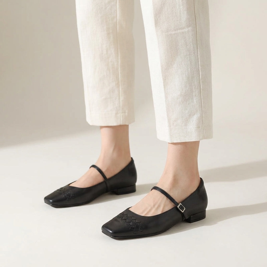 Cremona Mary Janes — Black, worn view in the studio, from the knee down