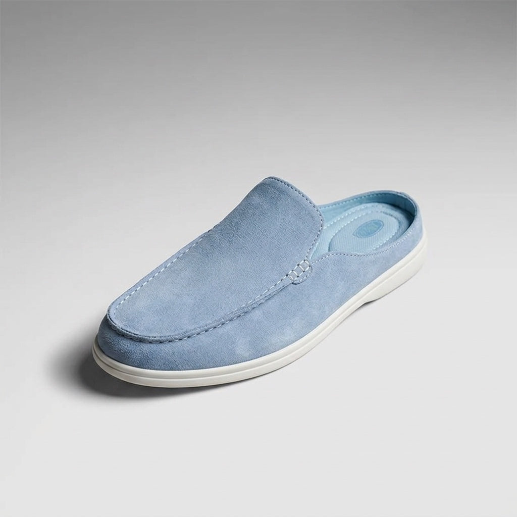 Falmouth Suede Loafers — Blue, three-quarter front-right studio view