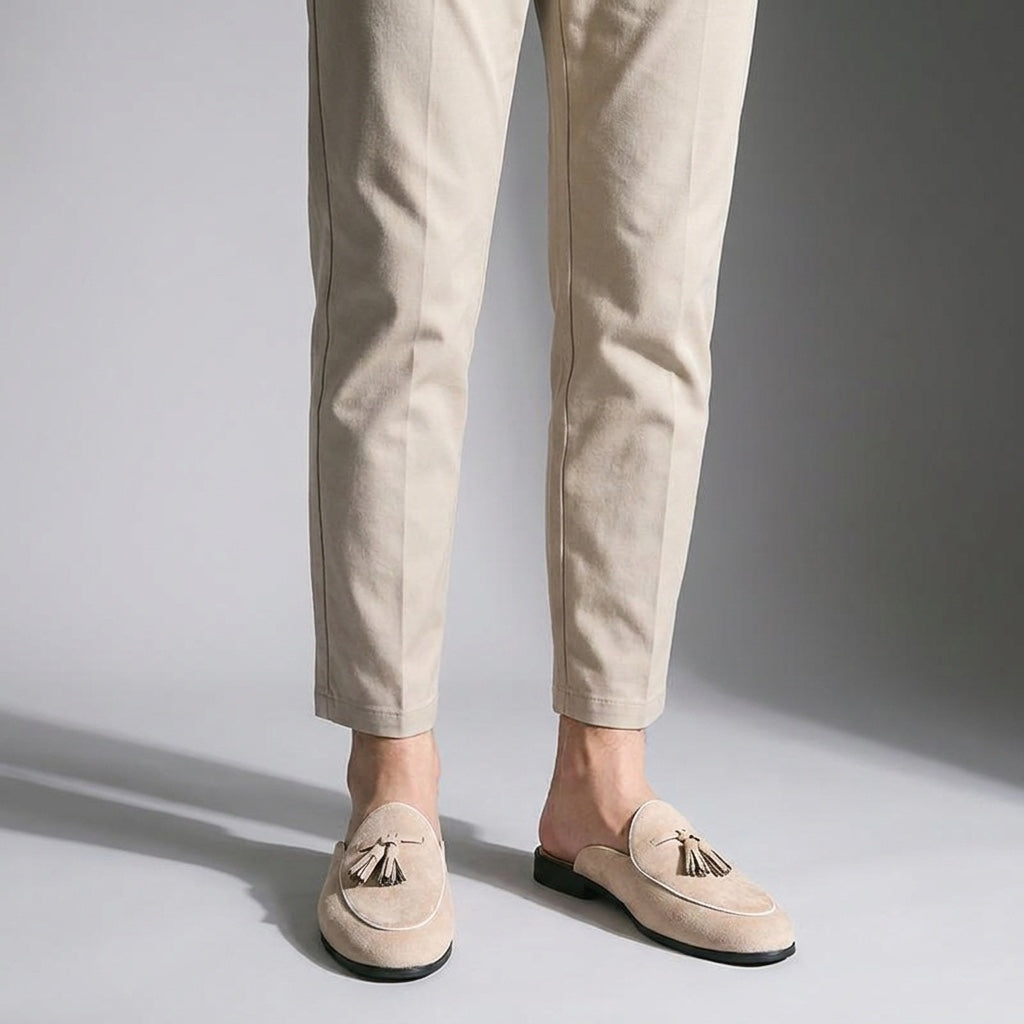 Pienza Suede Mules — Beige, male model knee-down studio
