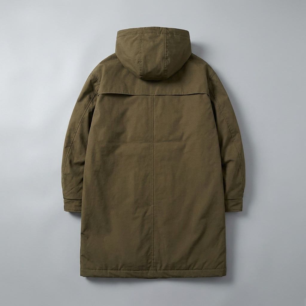 Ashford Overcoat — Army Green, flat lay back on grey seamless