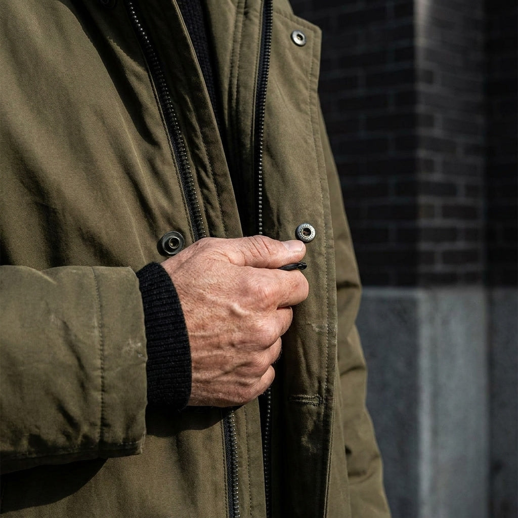 Ashford Overcoat — Army Green, lifestyle worn detail