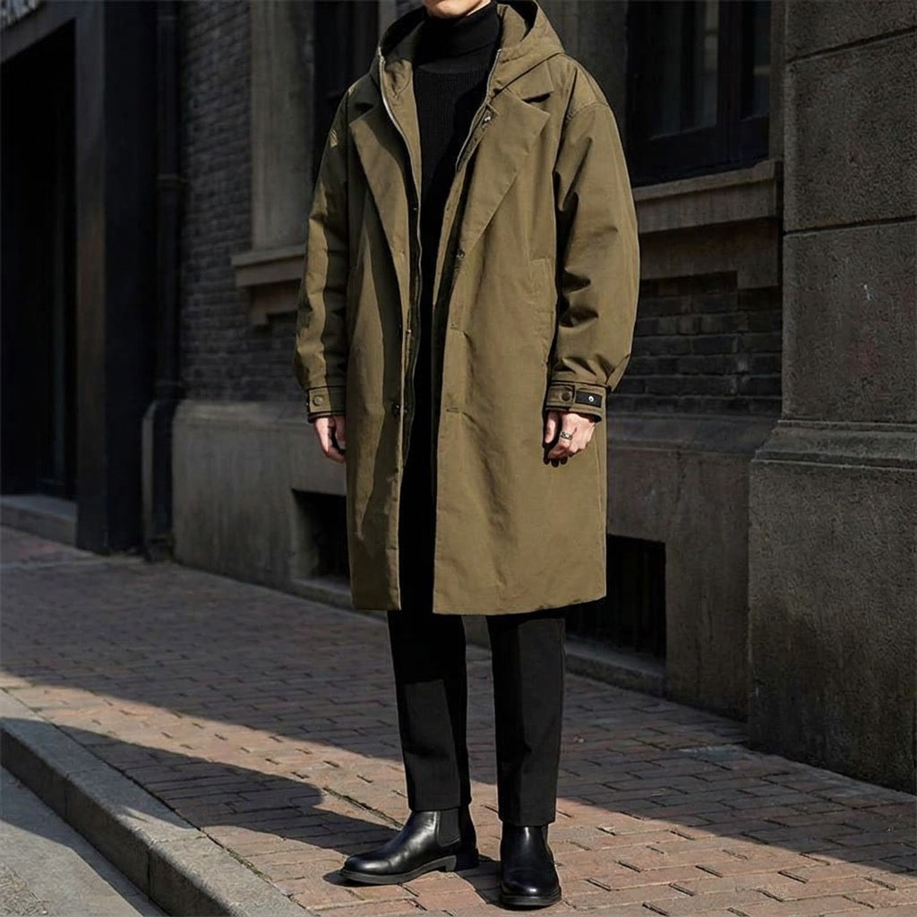 Ashford Overcoat — Army Green, lifestyle close crop on model