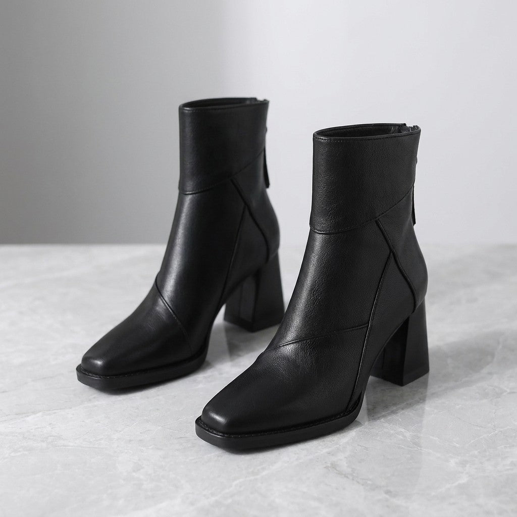 Arona Paneled Ankle Boots — Black, pair of boots, three-quarter view on light grey marble
