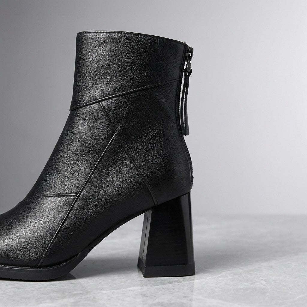 Arona Paneled Ankle Boots — Black, close-up of the paneled upper, back zip and block heel