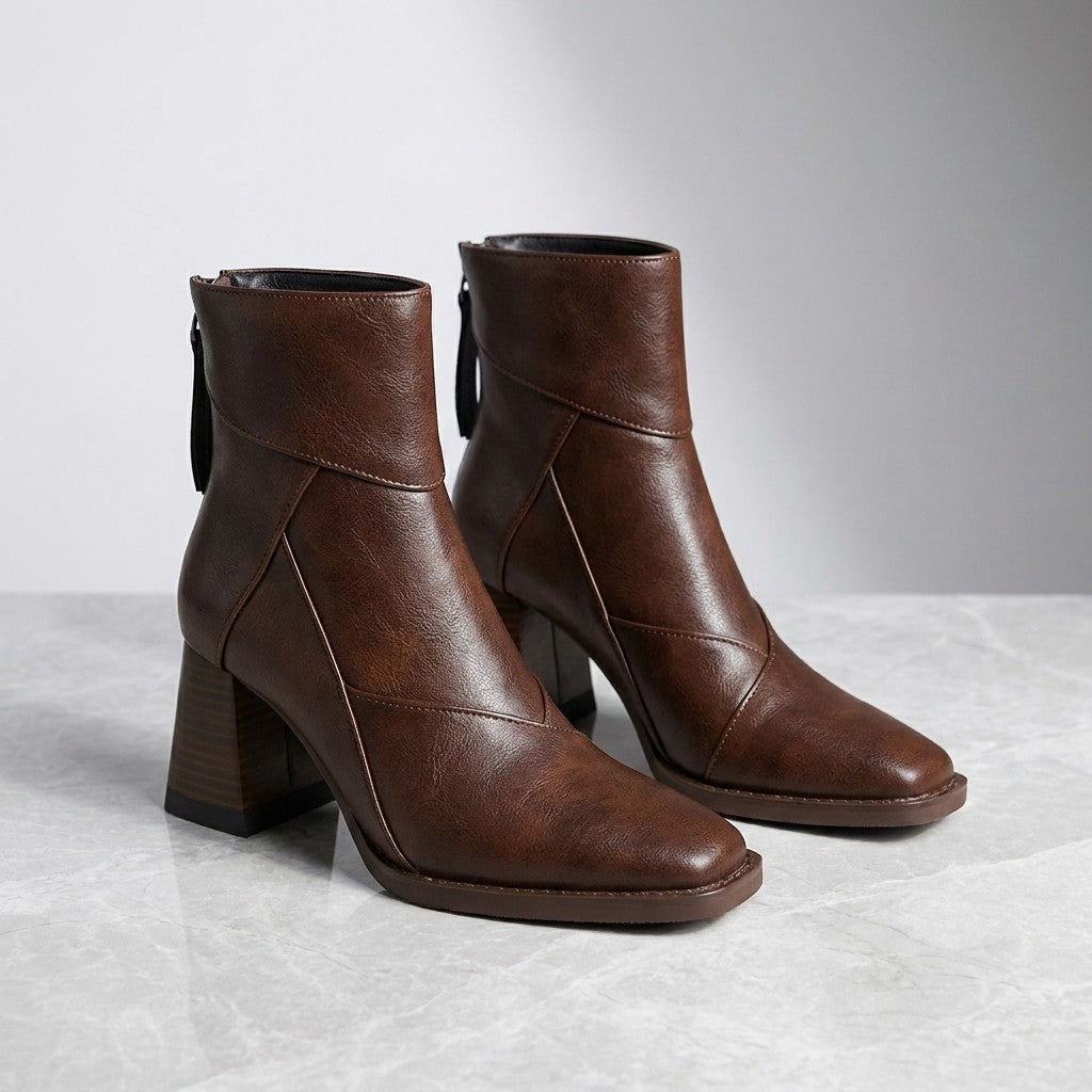 Arona Paneled Ankle Boots — Brown, pair of boots, three-quarter view on light grey marble