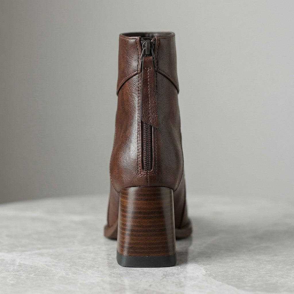 Arona Paneled Ankle Boots — Brown, close-up from behind of the centered back zip and stacked block heel