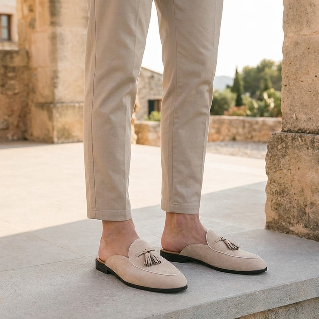 Pienza Suede Mules — Beige, male model knee-down coastal steps