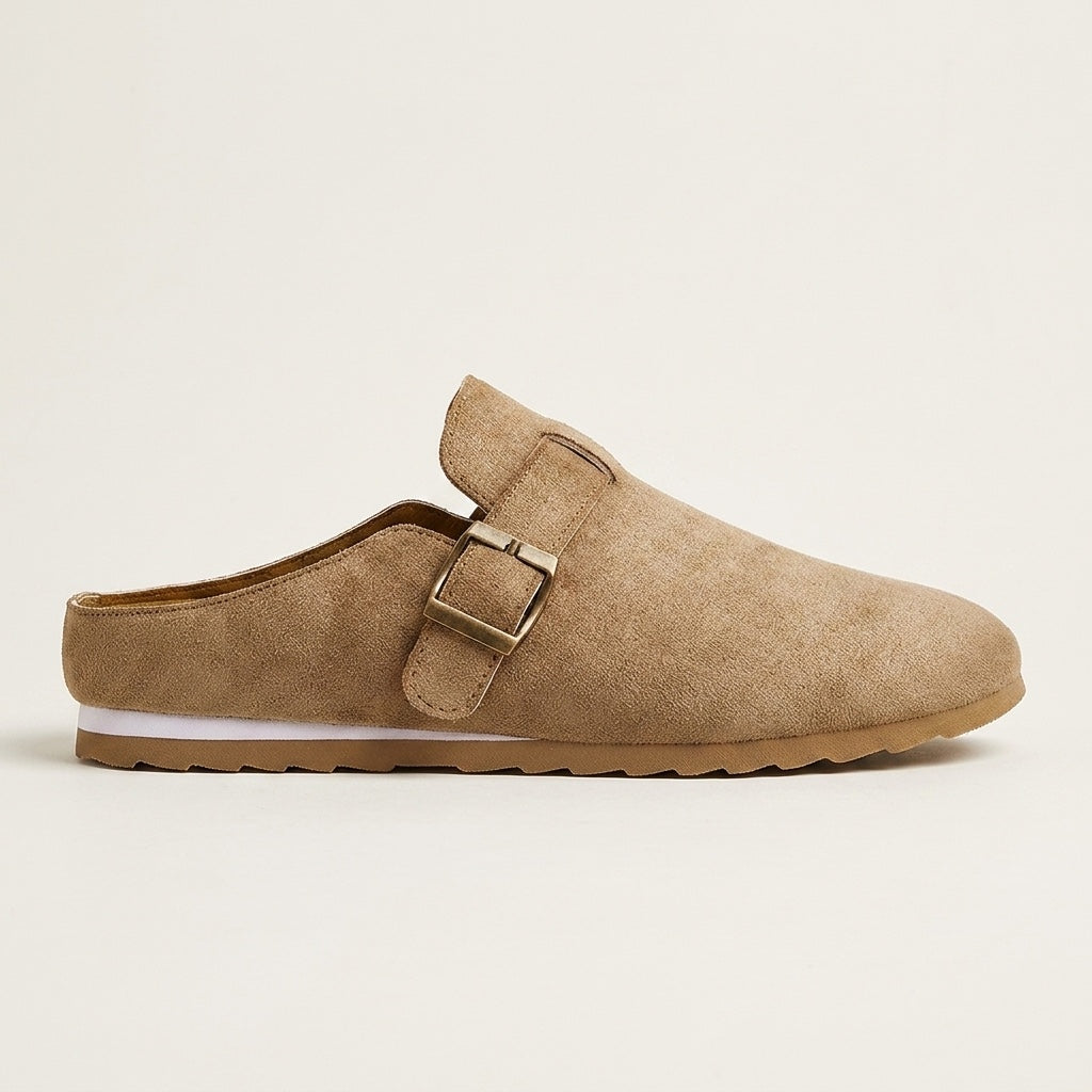 Tivoli Suede Mules — Camel, side profile view
