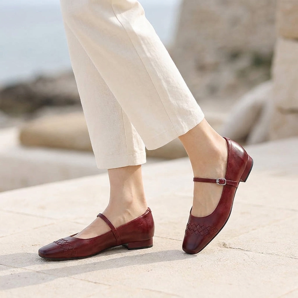 Cremona Mary Janes — Wine, worn outdoors on a stone terrace, from the knee down