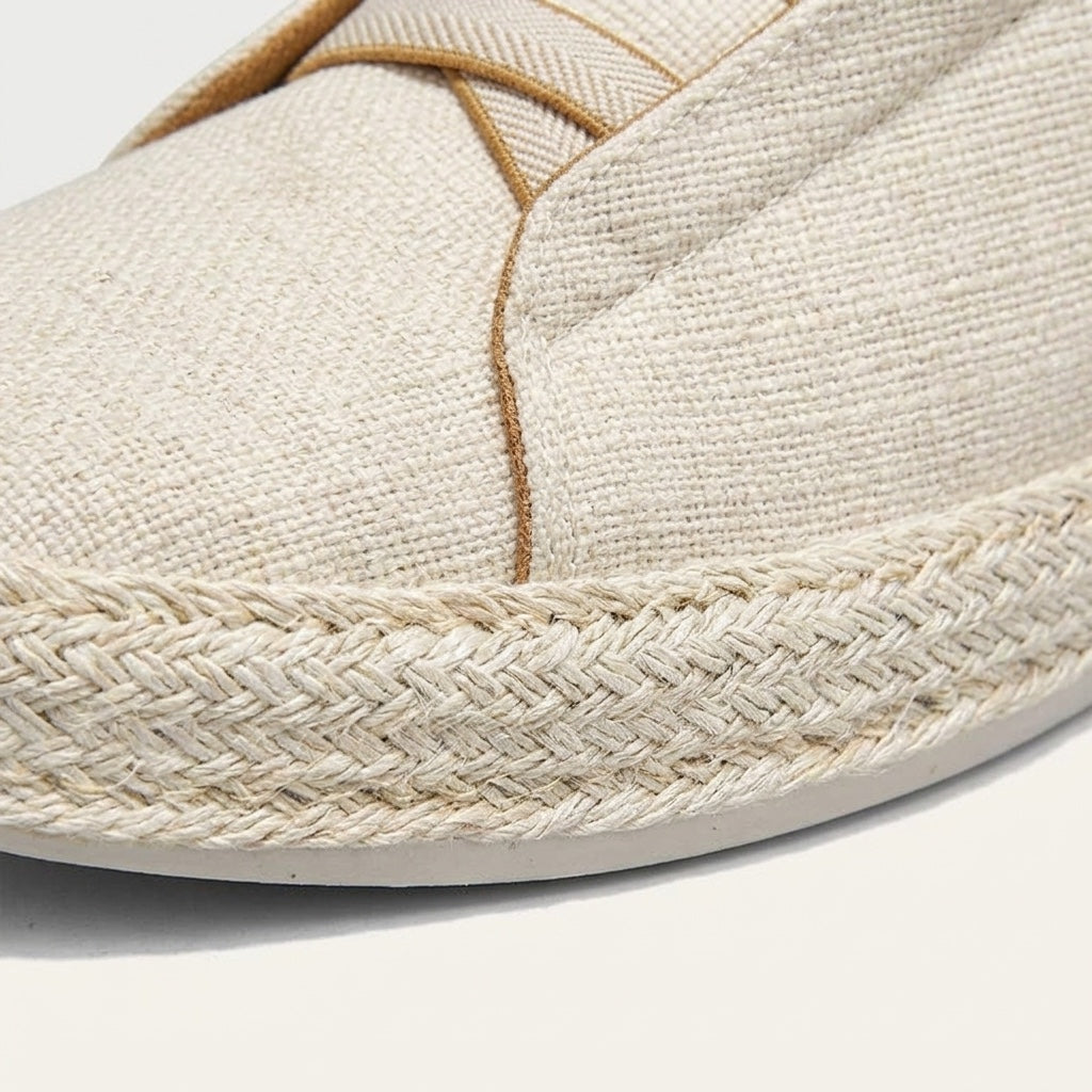 Bosa Espadrille Sneakers — Cream, woven upper and rope trim close-up