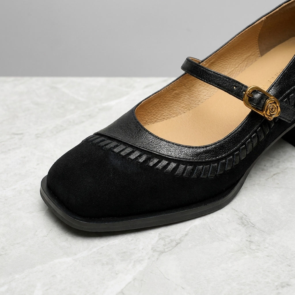 Lodi Buckle Mary Janes — Black, construction close-up