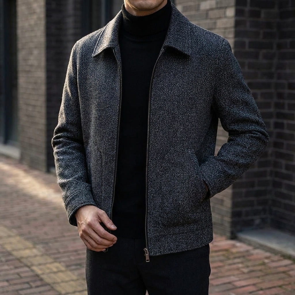 Aosta Wool-Blend Jacket — Black, lifestyle worn detail