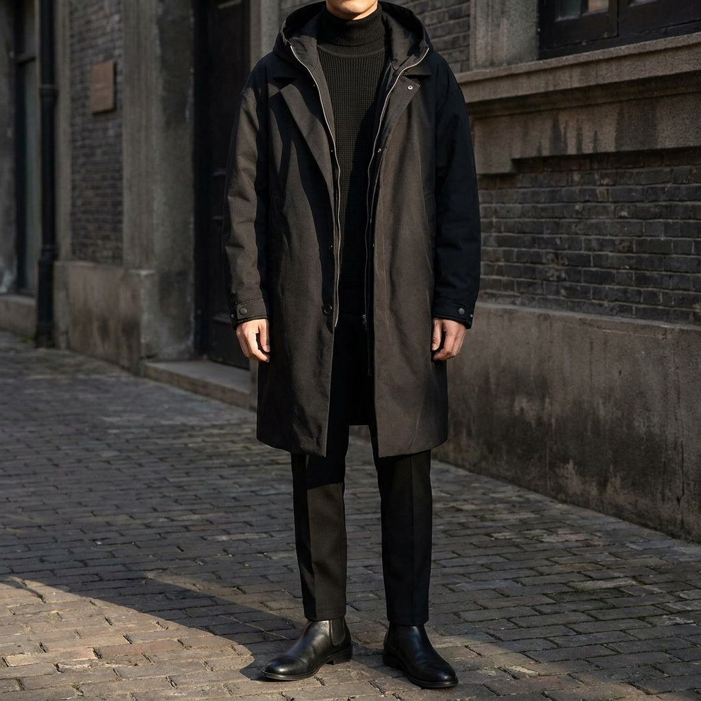Ashford Overcoat — Black, lifestyle close crop on model