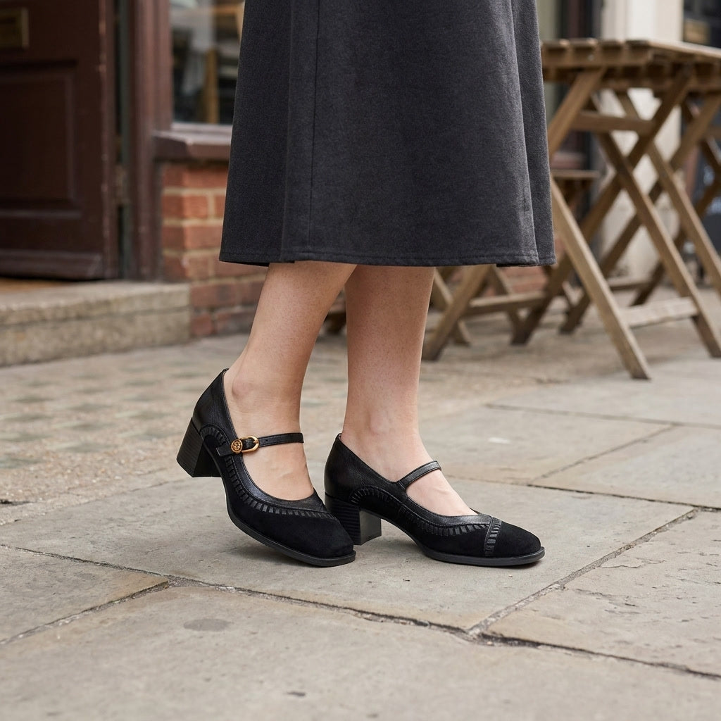 Lodi Buckle Mary Janes — Black, on model city cafe sidewalk