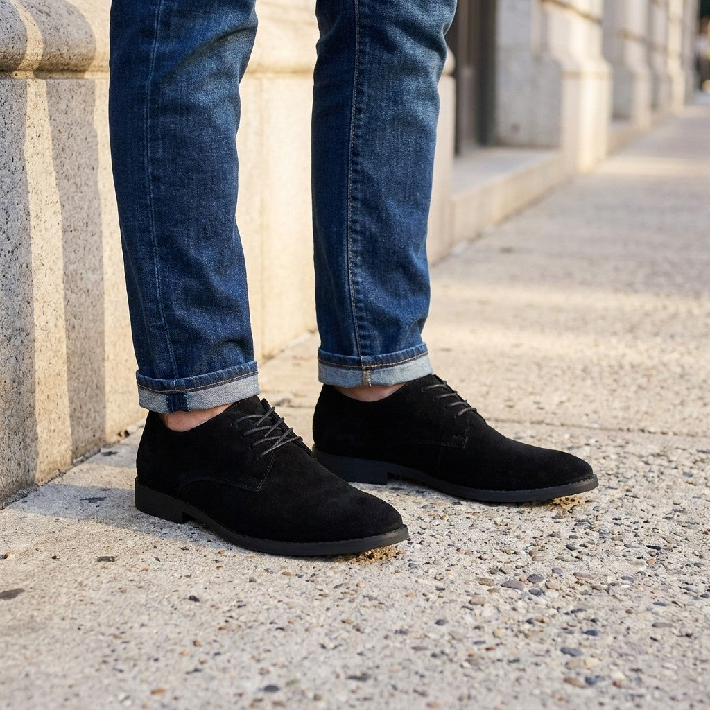 Lecce Suede Oxfords — Black, on-model office sidewalk lifestyle