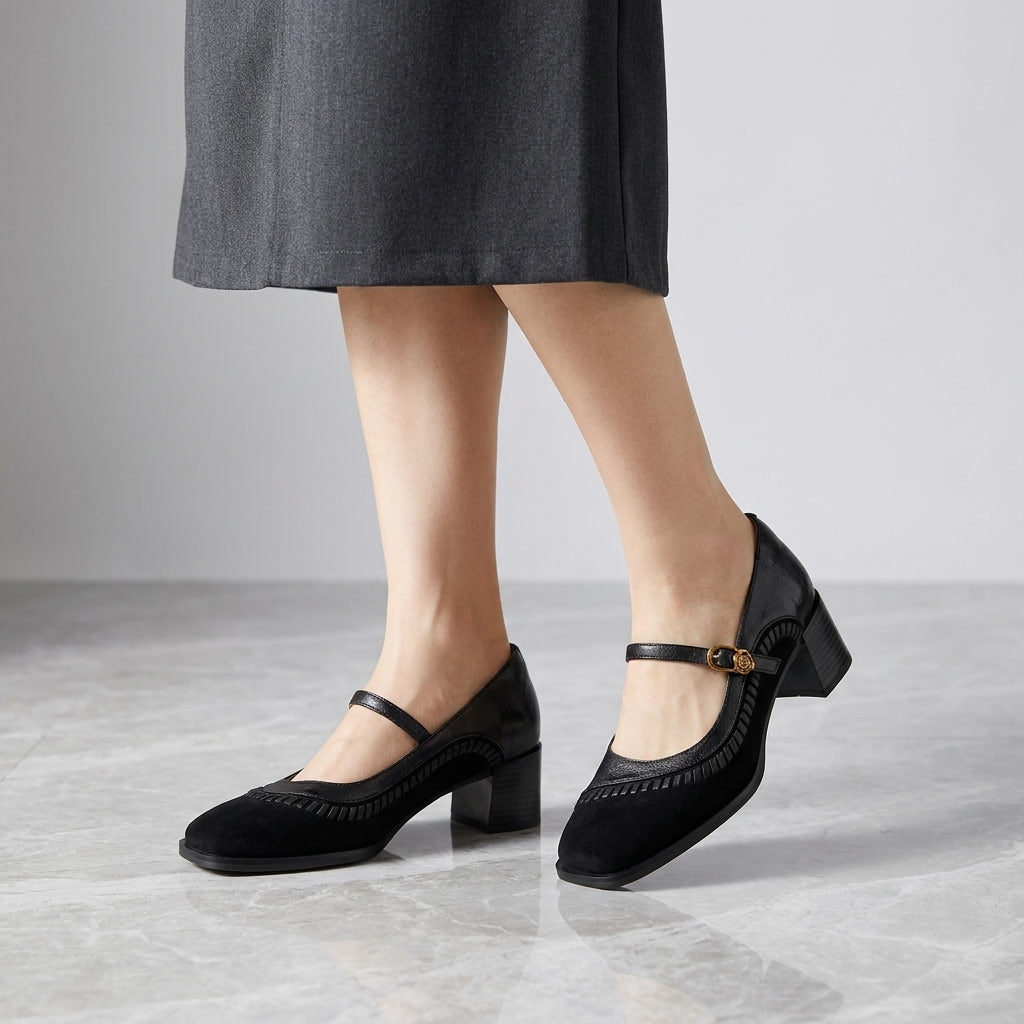 Lodi Buckle Mary Janes — Black, on model knee-down studio