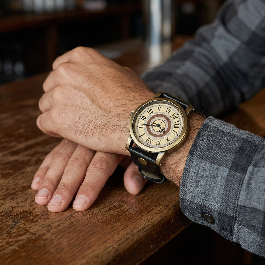 Tarquinia Bronze-Tone Watch — Bronze / Black, worn on a man's wrist resting on a wooden pub bar