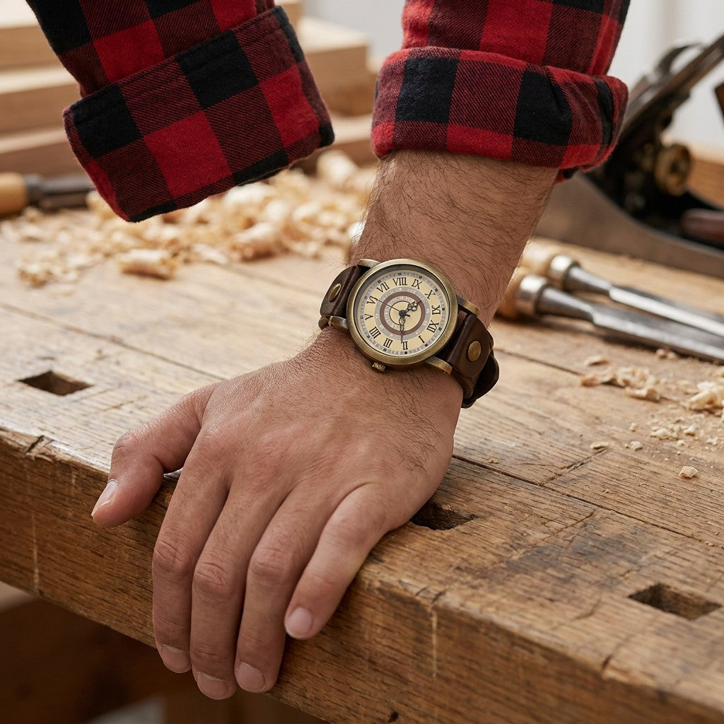 Tarquinia Bronze-Tone Watch — Bronze / Dark Brown, worn on a man's wrist at a woodshop workbench