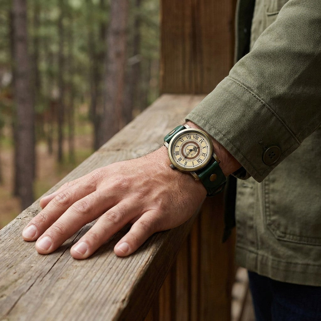 Tarquinia Bronze-Tone Watch — Bronze / Green Leather, worn on a man's wrist on a cabin porch railing