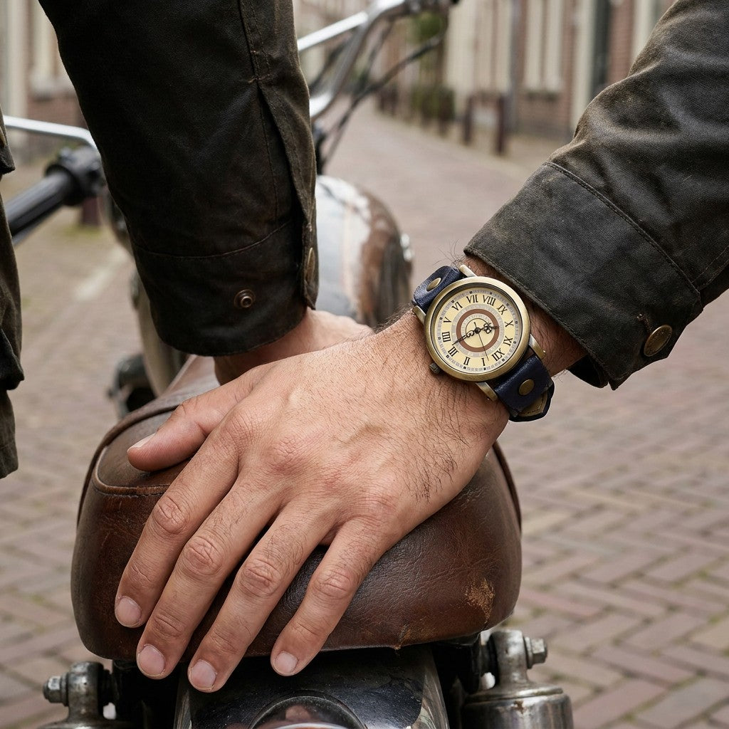 Tarquinia Bronze-Tone Watch — Bronze / Navy, worn on a man's wrist resting on a vintage motorcycle seat
