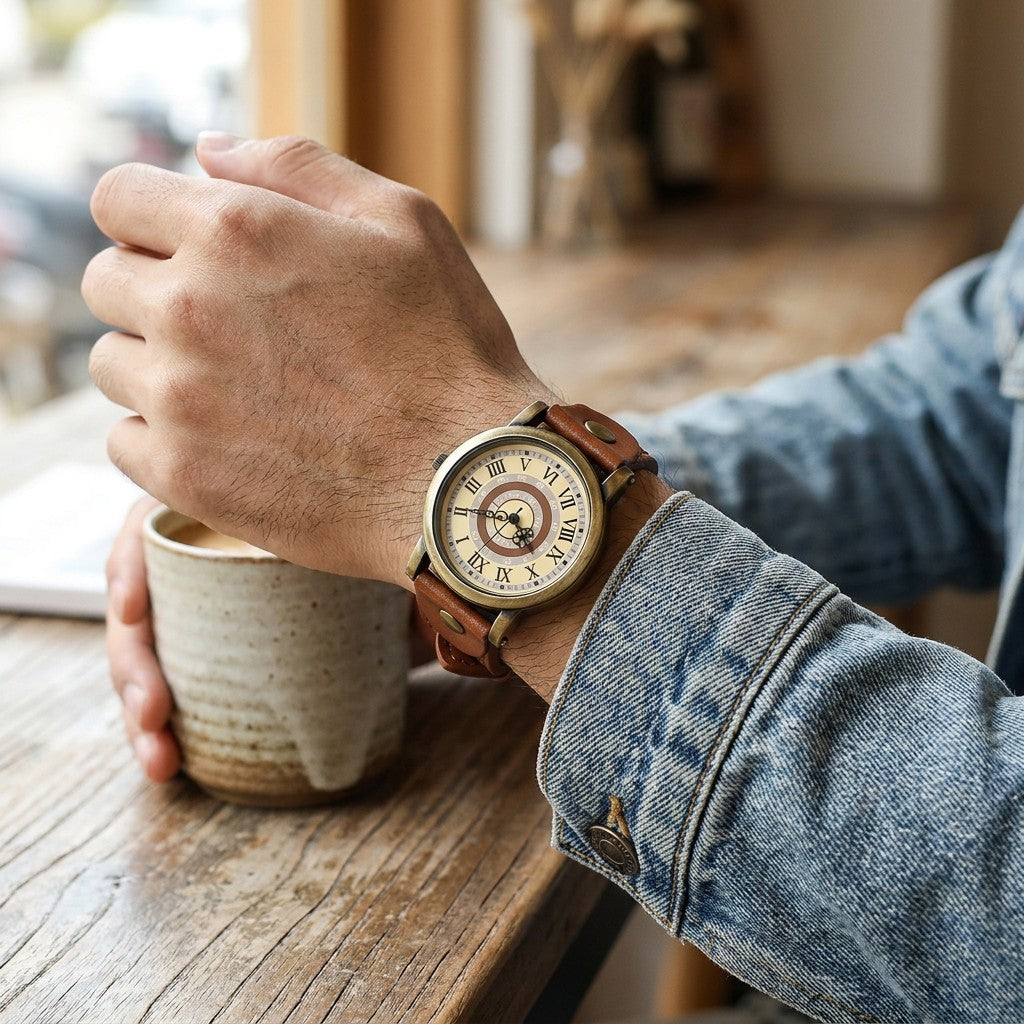 Tarquinia Bronze-Tone Watch — Bronze / Tan, worn on a man's wrist holding a coffee mug at a cafe table