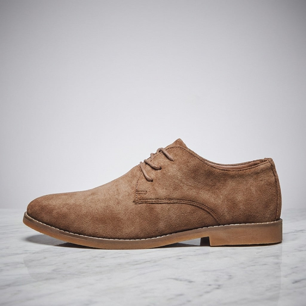 Lecce Suede Oxfords — Brown, side profile on marble
