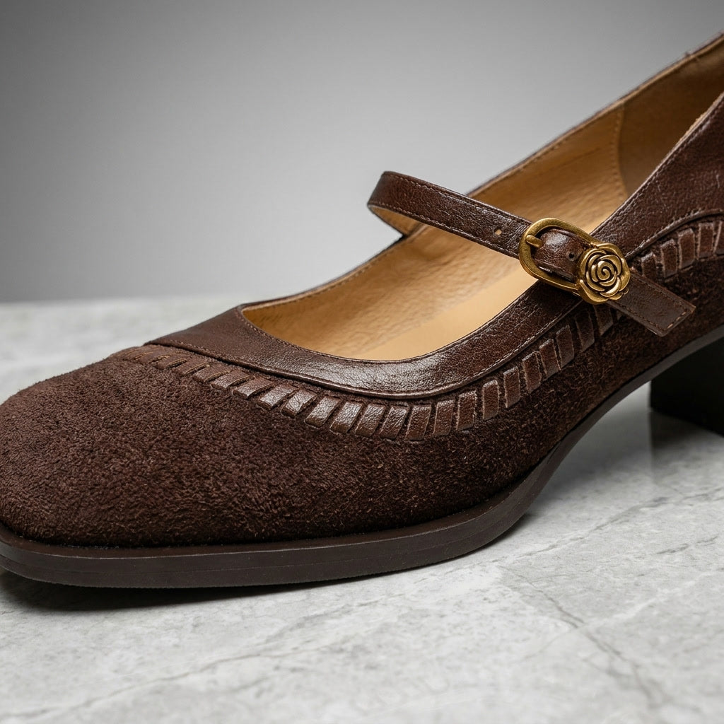 Lodi Buckle Mary Janes — Brown, construction close-up