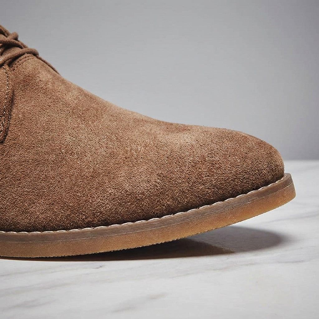 Lecce Suede Oxfords — Brown, construction detail crop