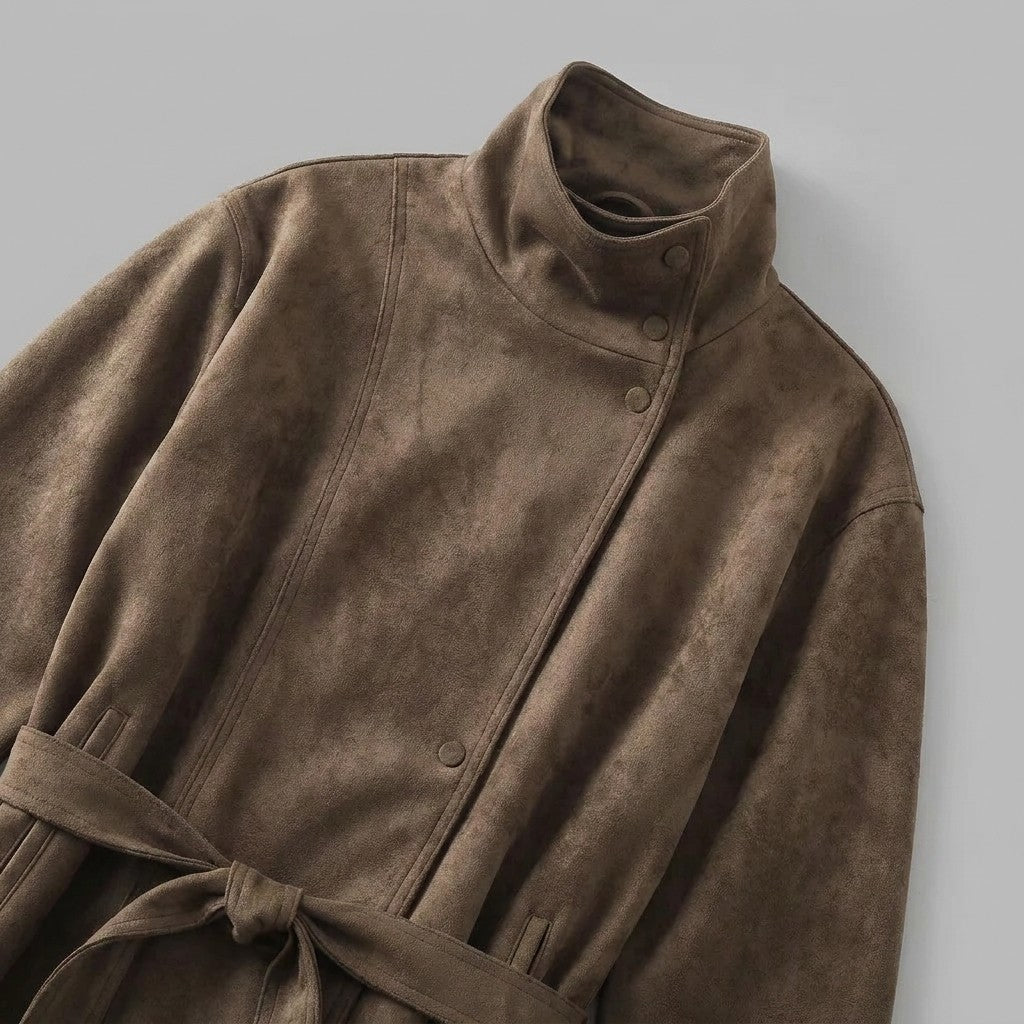 Women's Belted Suede Office Jacket — brown, studio construction detail crop