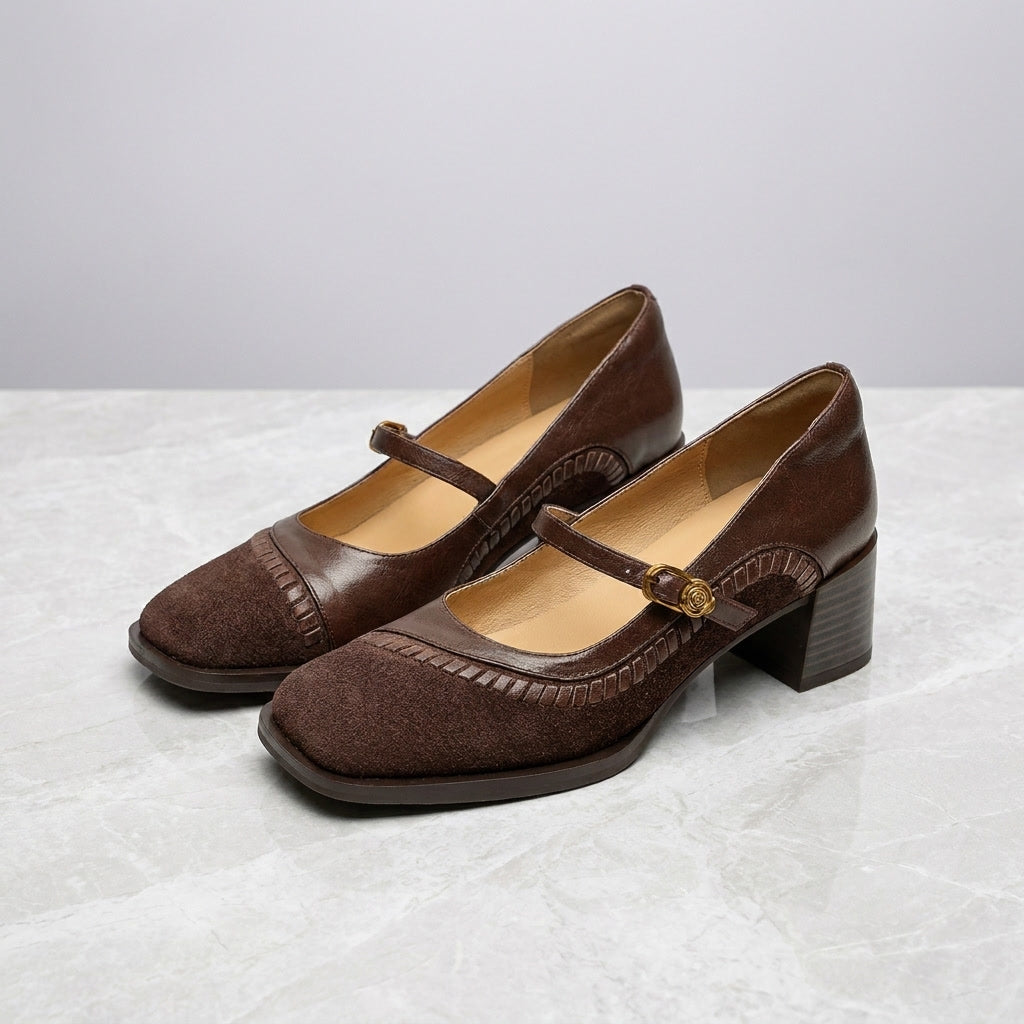Lodi Buckle Mary Janes — Brown, pair on marble