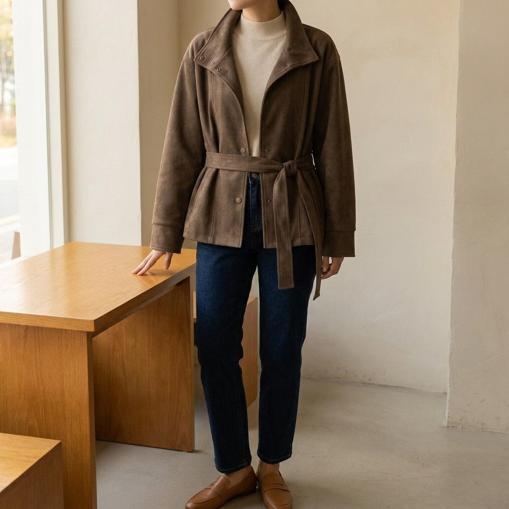 Women's Belted Suede Office Jacket — brown, on-model lifestyle hero in quiet cafe