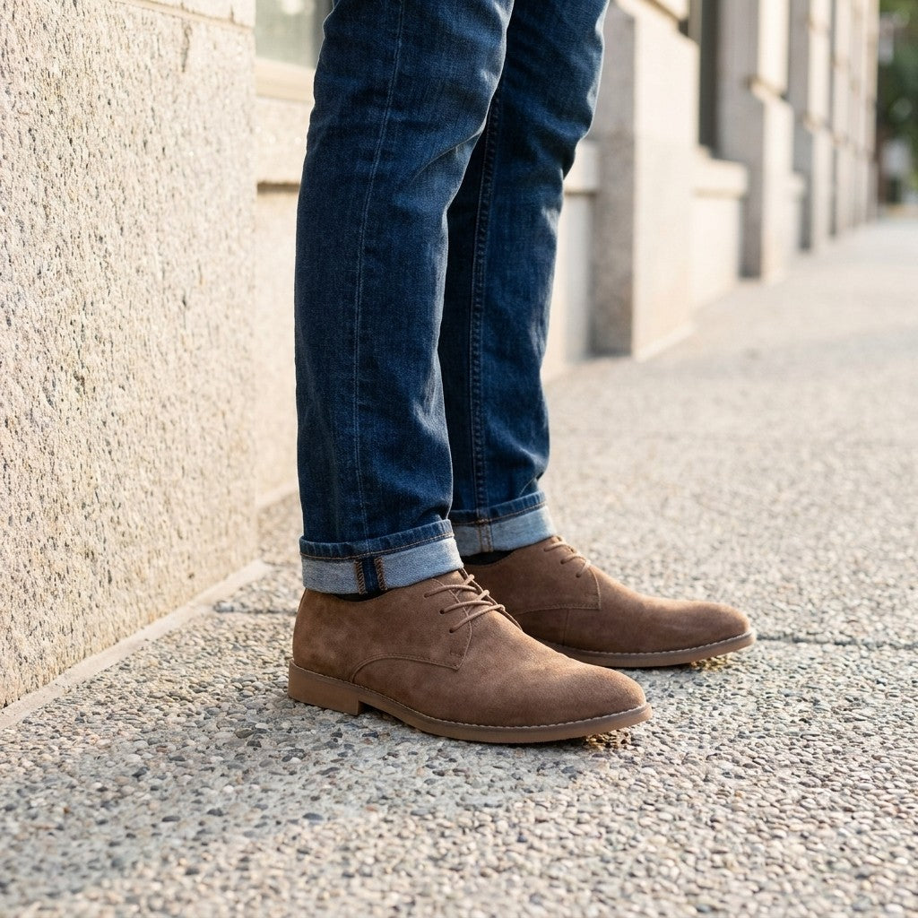 Lecce Suede Oxfords — Brown, on-model office sidewalk lifestyle