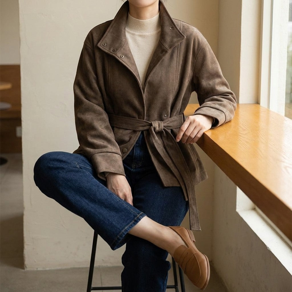 Women's Belted Suede Office Jacket — brown, on-model lifestyle outfit in quiet cafe