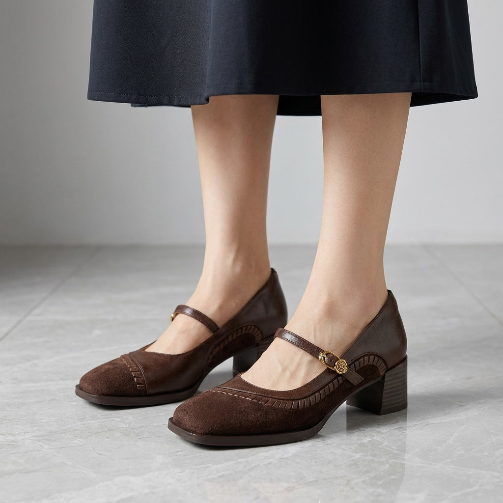 Lodi Buckle Mary Janes — Brown, on model knee-down studio