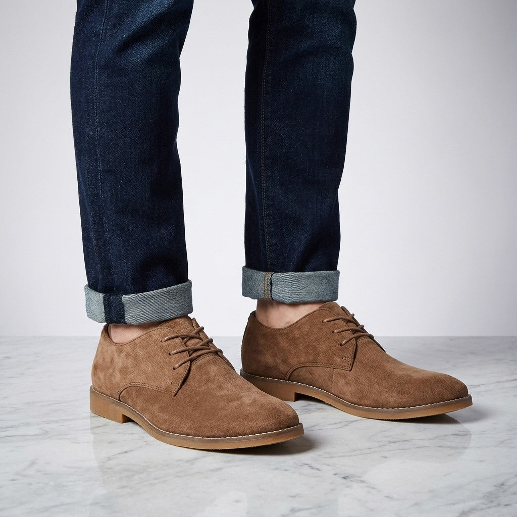 Lecce Suede Oxfords — Brown, on-model knee-down studio