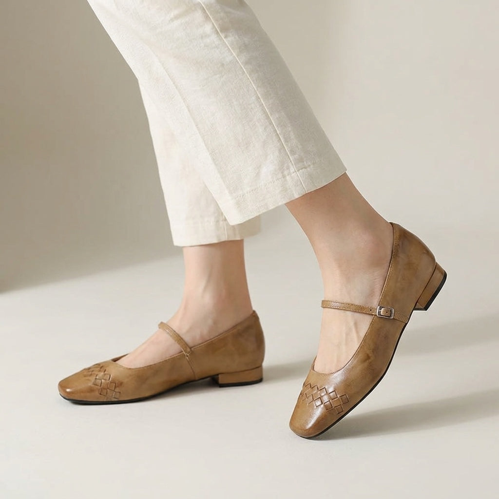 Cremona Mary Janes — Tan, worn view in the studio, from the knee down