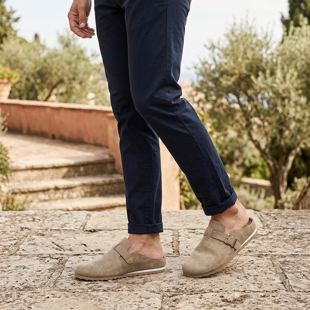 Tivoli Suede Mules — Sand, worn on model, garden terrace