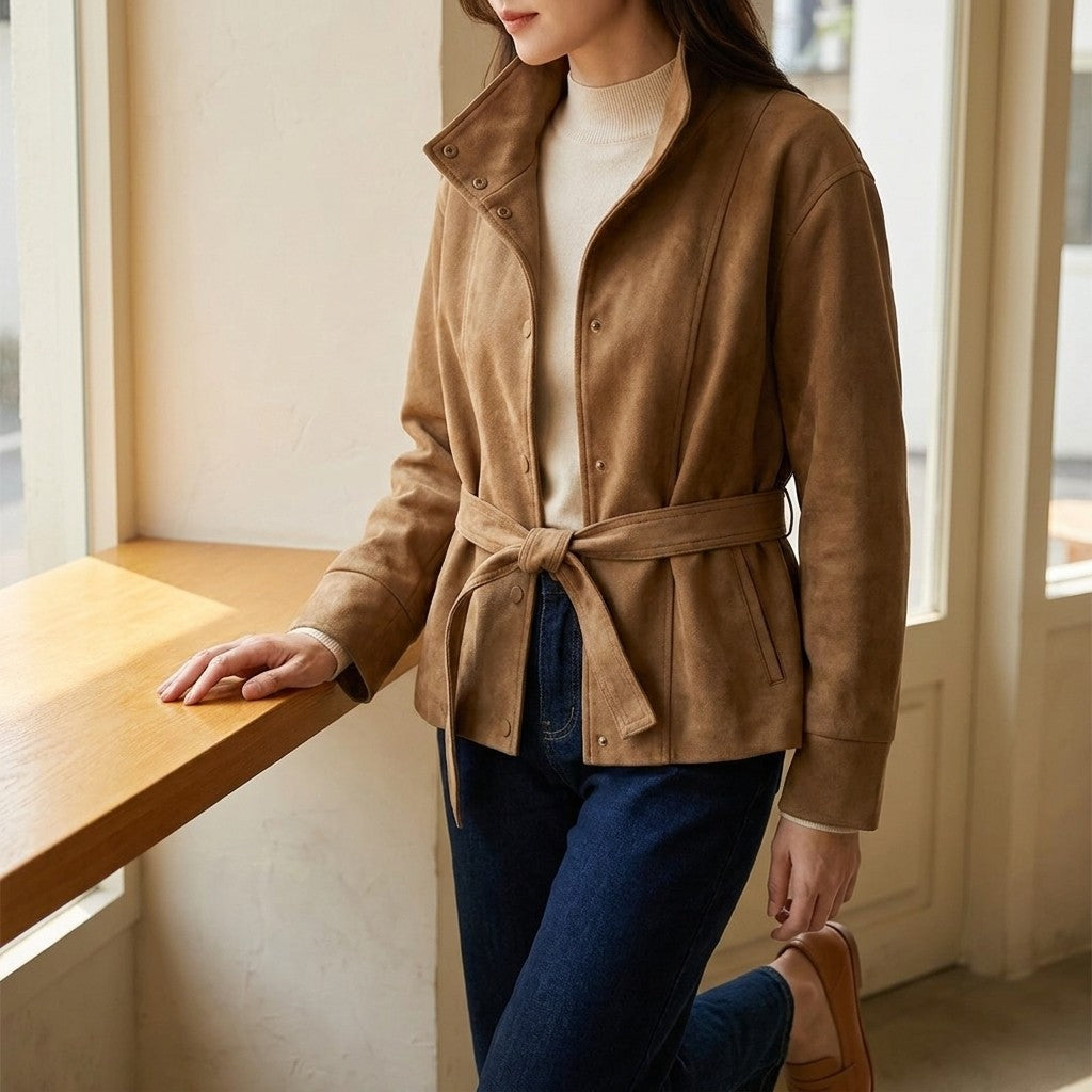 Women's Belted Suede Office Jacket — camel, on-model worn detail in quiet cafe