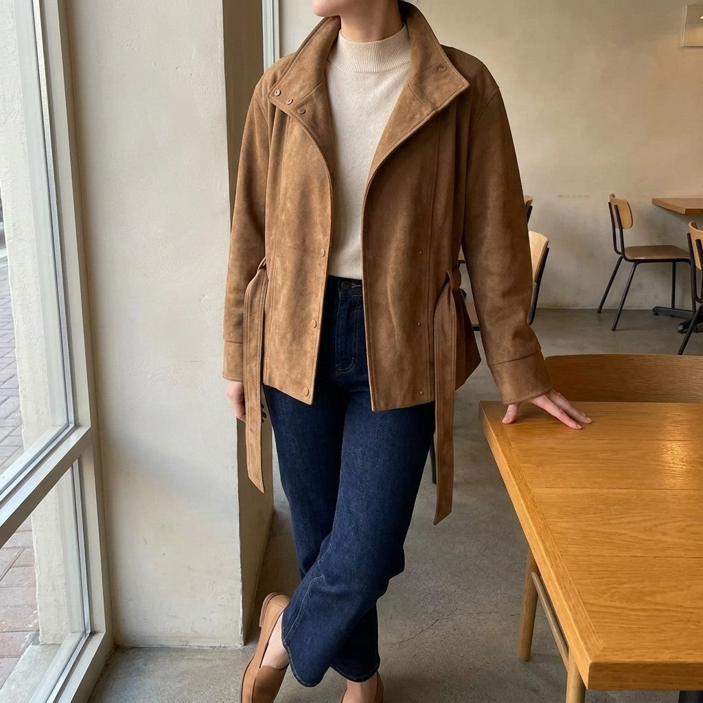 Women's Belted Suede Office Jacket — camel, on-model lifestyle hero in quiet cafe