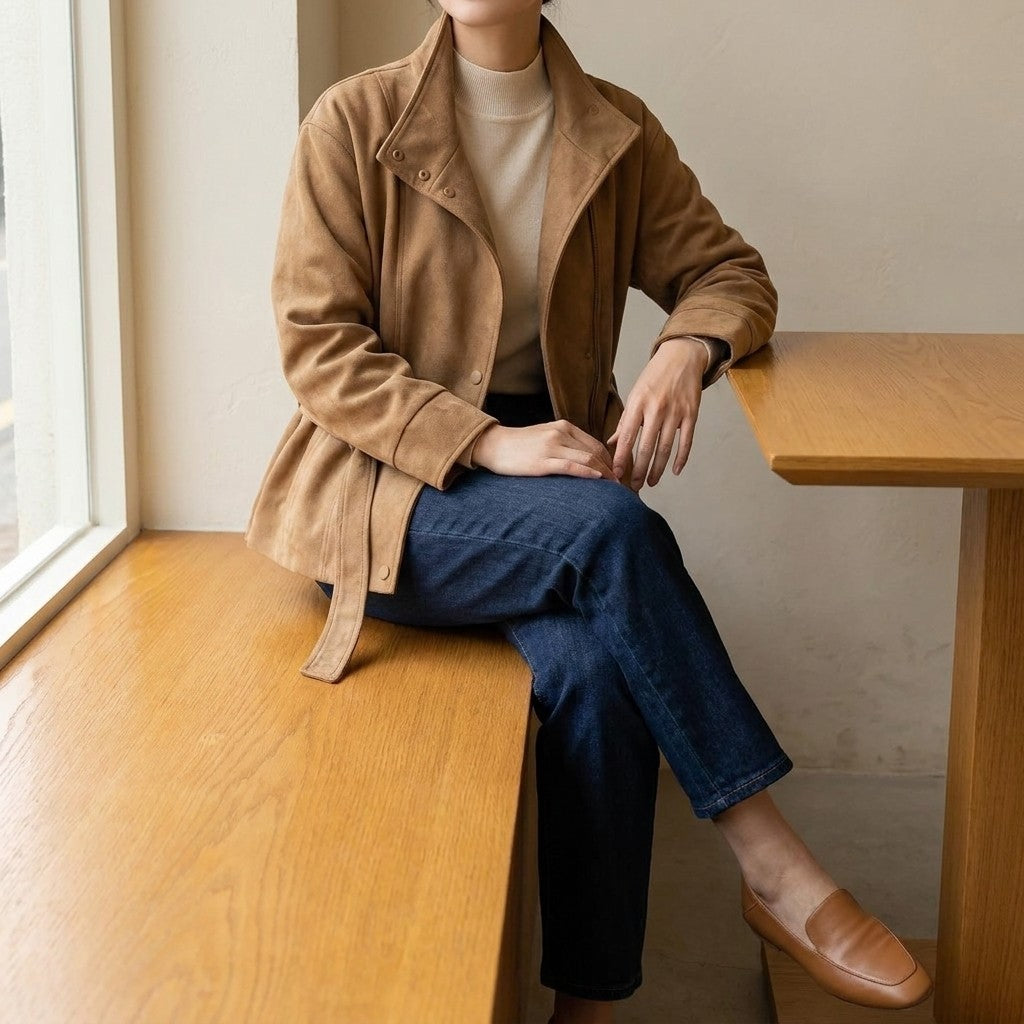 Women's Belted Suede Office Jacket — camel, on-model lifestyle outfit in quiet cafe