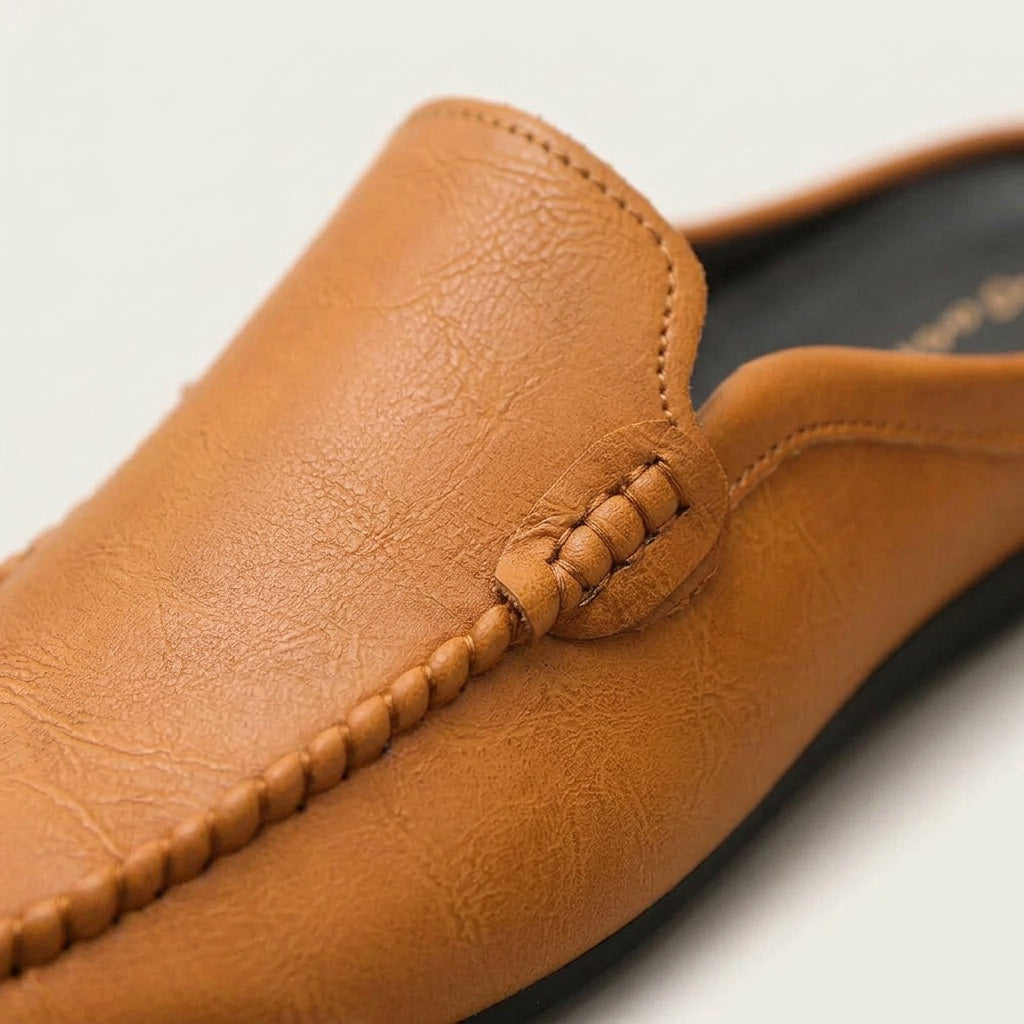 Maiori Leather Mules — Tan, close-up of braided cord vamp ornament