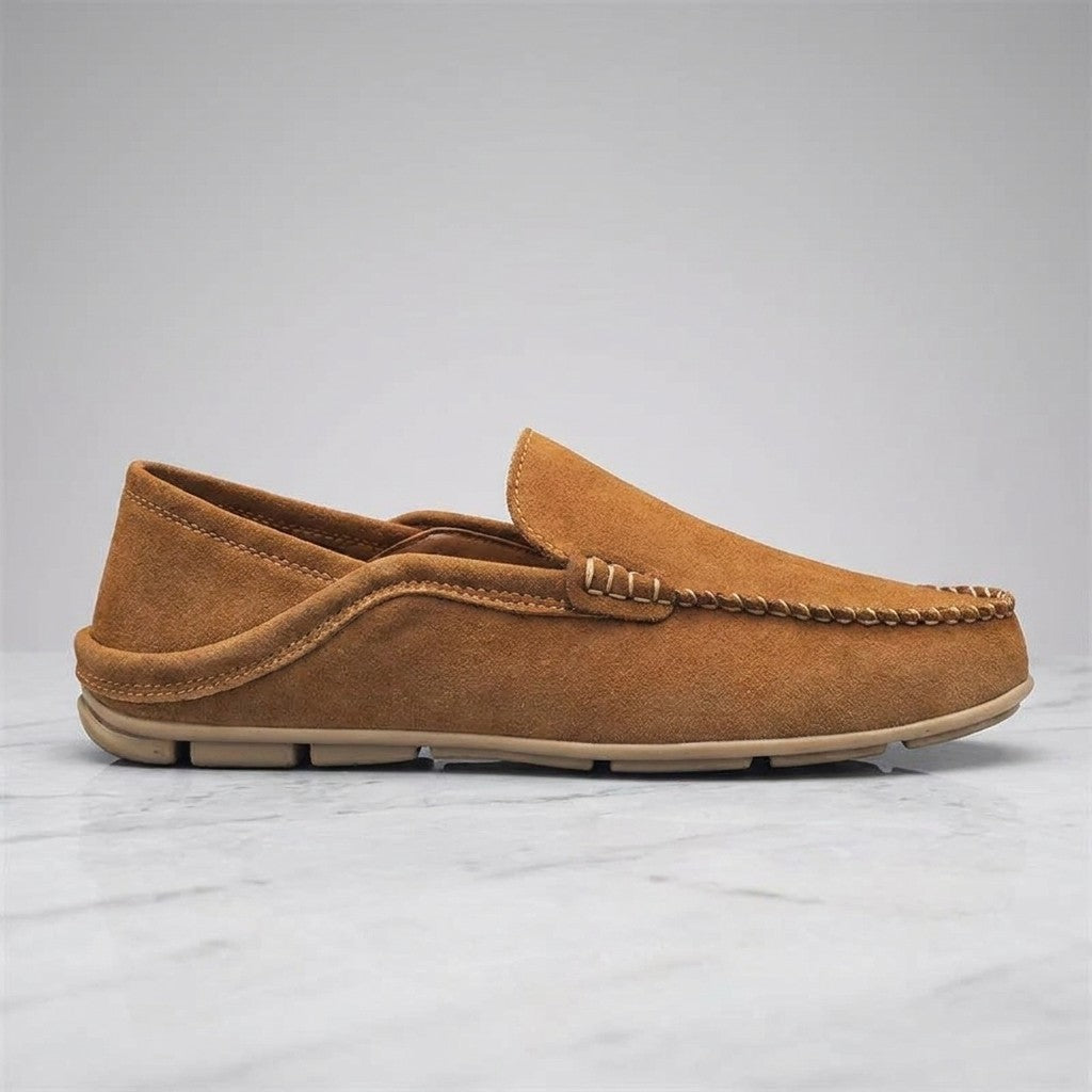 Cervia Suede Loafers — Apricot, single loafer in side profile on light grey marble